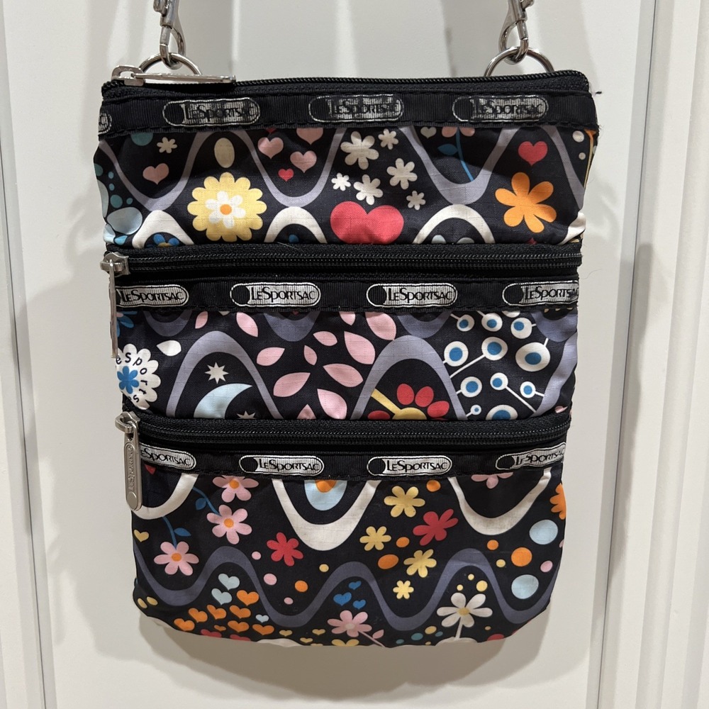 LeSportsac‎ Kasey Moonflower Pattern Crossbody Bag Black Floral Polyester Artsy